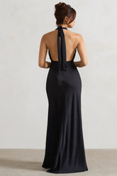 Black Satin Plunge Maxi Dress With Dipped Hem